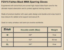 MUAY THAI MMA GLOVES FAIRTEX DOUBLE WRIST WRAP CLOSURE FGV15 - BLACK -Fairtex FGV15 mma gloves sizing