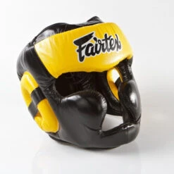FAIRTEX HEAD GUARD MUAY THAI DIAGONAL VIEW HG13 - BLACK/YELLOW